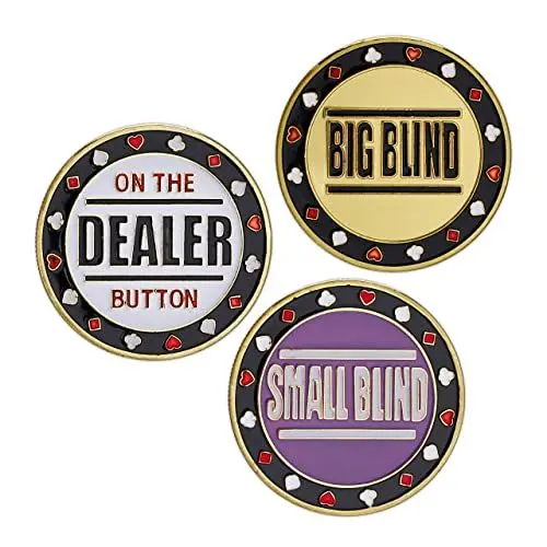 Produktbild: Relaxdays Poker Set, 3-teilig, Dealer Button, Big Small Blind, inkl. Schutzhüllen, Ø 4 cm, je 30 g, Gold