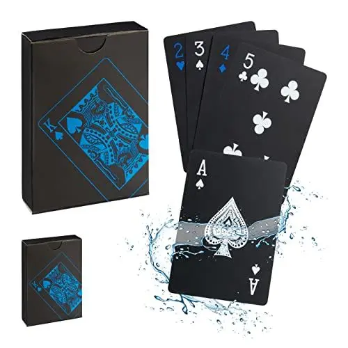 Produktbild: Relaxdays Pokerkarten Set, wasserfeste Spielkarten, 2 Pokerdecks à 54 Karten, Plastik Kartenspiel, mit Joker, schwarz