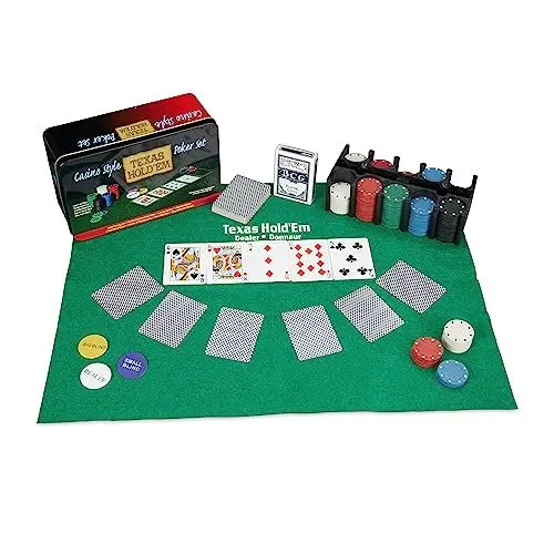 Produktbild: Relaxdays Pokerset, 200 Chips, Spielmatte, 2 Kartendecks, Dealerbutton, Blindbuttons, Casino-Feeling, Profi Pokerspiel, 9 x 24 x 15 cm