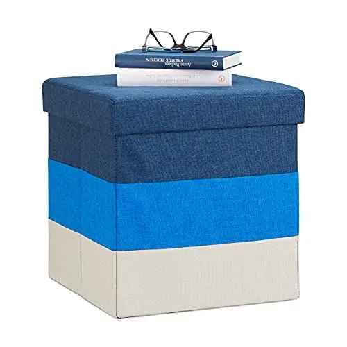 Produktbild: Relaxdays Polster Hocker mit Stauraum, gestreifter Sitzhocker, faltbarer Polsterhocker HBT: 38 x 38 x 38 cm, blau-weiß