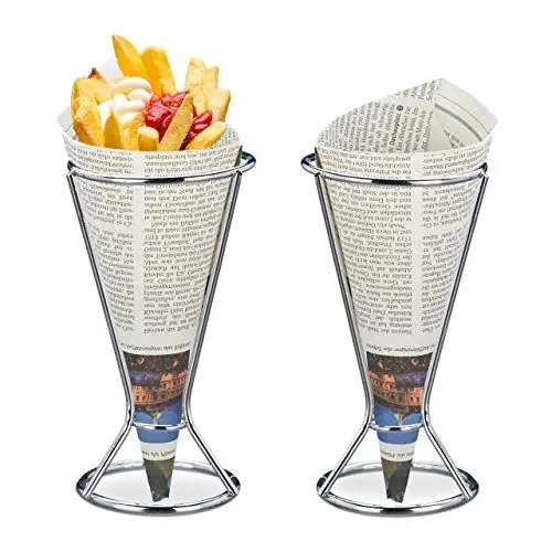 Produktbild: Relaxdays Pommeshalter 2er Set, Edelstahl, für Spitztüten mit Pommes, Chips, Gemüse, Snackhalter, HD 16 x 9,5 cm, silber