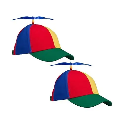 Produktbild: Relaxdays Propeller Mütze 2er Set, gestreift, Erwachsene, Kopfumfang 53–57 cm, Fasching, Festival, Helikoptermütze, bunt