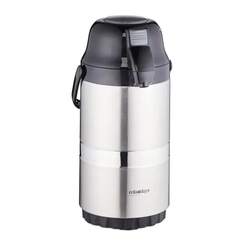 Produktbild: Relaxdays Pumpkanne 2,2 l, für Kaffee, Pumpkopf & Druckknopf, Büro, Gastronomie, Edelstahl & Kunststoff, Silber/schwarz, 2 l