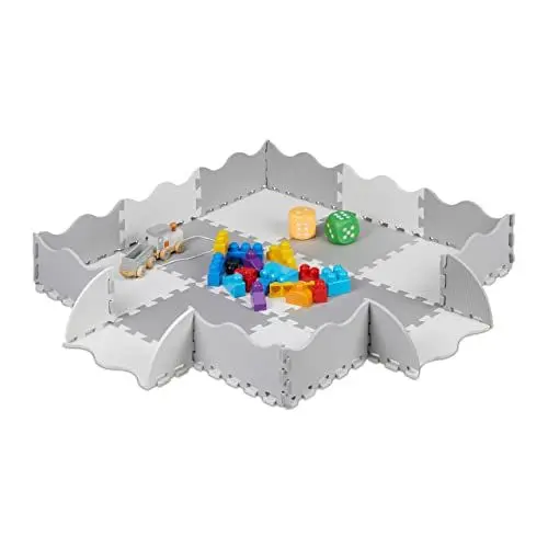 Produktbild: Relaxdays Puzzlematte 25-teilig, Eva Schaumstoff, schadstofffrei, 0,77 m², Spielmatte mit Rand, Kindermatte, grau-weiß