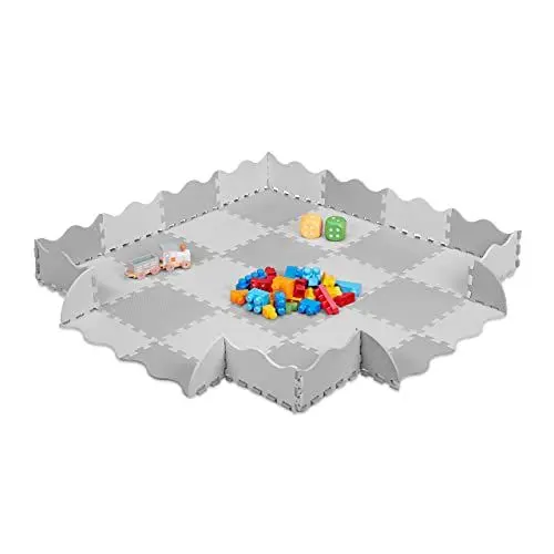 Produktbild: Relaxdays Puzzlematte 36-teilig, EVA Schaumstoff, schadstofffrei, 1,4 m², Spielmatte mit Rand, Kinder Matte, grau/weiß, 1 x 31.5 x 31.5 cm