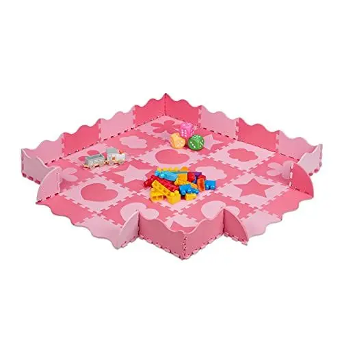 Produktbild: Relaxdays Puzzlematte 52-teilig, EVA Schaumstoff, schadstofffrei, 1,4 m², Spielmatte mit Rand, versch. Motive, pink/rosa