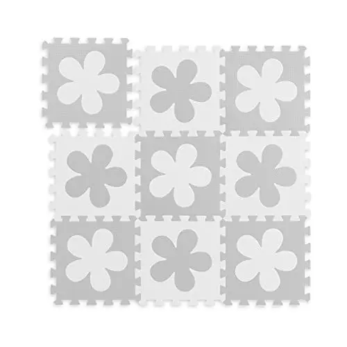 Produktbild: Relaxdays Puzzlematte Blumen-Muster, 9 Teile, EVA-Schaumstoff, schadstofffrei, Spielunterlage 91,5 x 91,5 cm, weiß-grau
