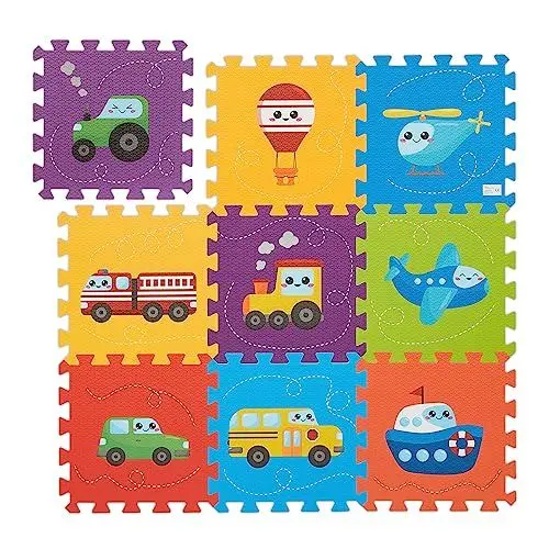 Produktbild: Relaxdays Puzzlematte Fahrzeuge, 9-TLG. Spielmatte, schadstofffrei, abwaschbar, Schaumstoff, Baby Krabbelmatte, bunt