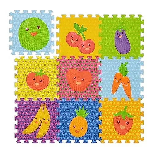 Produktbild: Relaxdays Puzzlematte Früchte, 9-teilige Spielmatte, schadstofffrei, Eva Schaumstoff, Kinderzimmer, 86 x 86 cm, bunt, Orange, Blau, Lila