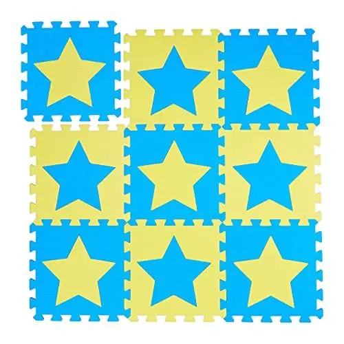 Produktbild: Relaxdays Puzzlematte Sterne, 9er Set, 18 Teile, EVA Schaumstoff, schadstofffrei, Spielunterlage 91 x 91 cm, blau-gelb