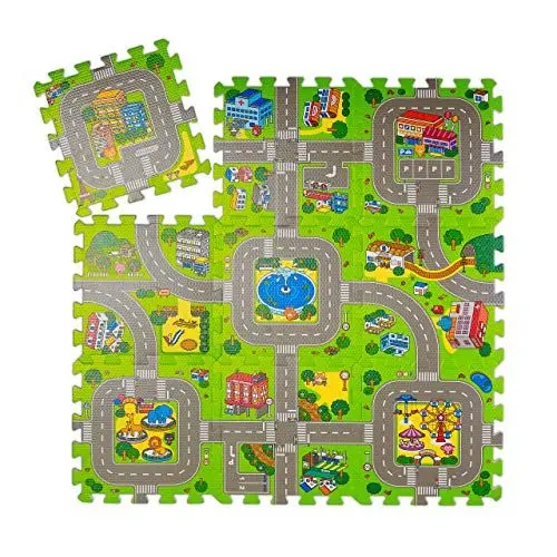 Produktbild: Relaxdays Puzzlematte Straße, 9-teilige Spielmatte für Kinder & Babys, schadstofffrei, EVA Schaumstoff, 90 x 90 cm, bunt