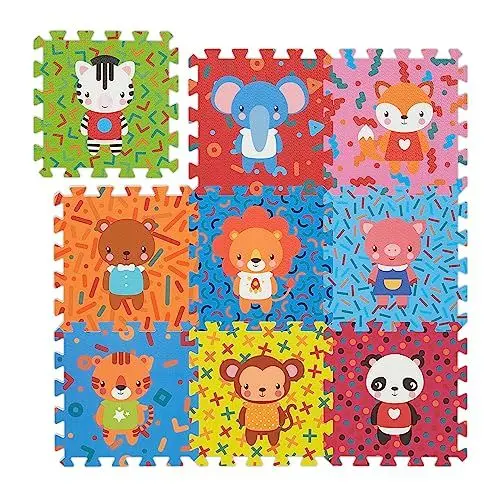 Produktbild: Relaxdays Puzzlematte Tiere, 9-teilige Spielmatte, schadstofffrei, EVA Schaumstoff, Kinderzimmer, 86 x 86 cm, bunt