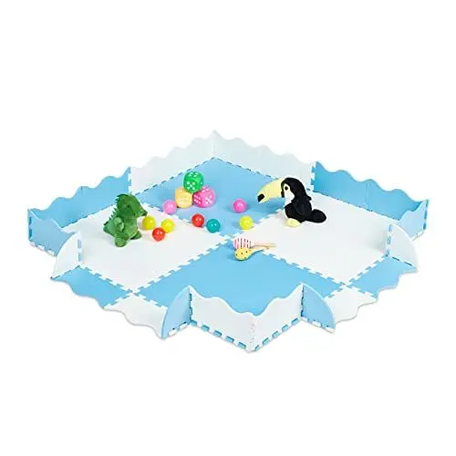 Produktbild: Relaxdays Puzzlematte mit Rand, 120x120 cm Krabbelmatte, EVA Schaumstoff, schadstofffrei, Babymatte 24-teilig, blau-weiß