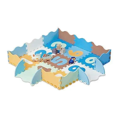 Produktbild: Relaxdays Puzzlematte mit Zahlen, 34-TLG. Spielmatte mit Rand, schadstofffrei, abwaschbar, Schaumstoff, Babymatte, bunt, 1 x 30 x 30 cm, Blau, Gelb, Weiß