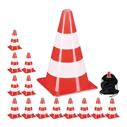 Produktbild: Relaxdays Pylonen 14er Set, für Fußball-und Hundetraining, Markierungskegel 23 cm hoch, Schnürbeutel, stapelbar, orange
