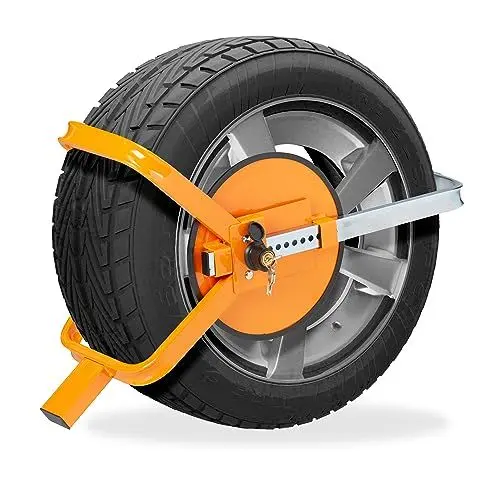 Produktbild: Relaxdays Radkralle 13–15 Zoll, Parkkralle Auto, Anhänger, Wohnmobil, Wohnwagen, Reifenkralle Diebstahlsicherung, orange