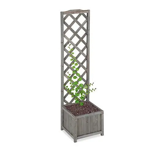 Produktbild: Relaxdays Rankkasten mit Rankgitter, wetterfest, Holz, f. Balkon, Garten, Rosen, Wein, 25 L Kübel, 147cm Rankhilfe, grau