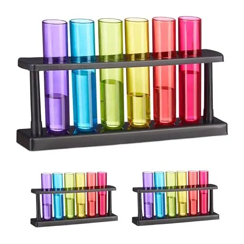 Produktbild: Relaxdays Reagenzgläser Schnapsgläser, 18 Gläser, 3 Halterungen, Kunststoff, 40 ml, Shotgläser Chemie, für Partys, bunt