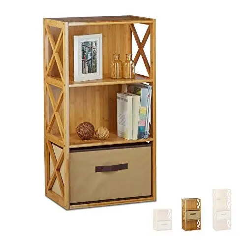 Produktbild: Relaxdays Regal Bambus mit Korb, 3 Ablagen, Holz Standregal, Badregal, Faltbox, HxBxT: 80 x 42 x 29 cm, natur braun