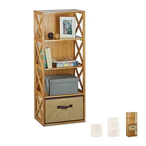 Produktbild: Relaxdays Regal Bambus mit Korb, 4 Ablagen, Holz Standregal, Badregal, Faltbox, HxBxT: 105 x 42 x 29 cm, natur braun
