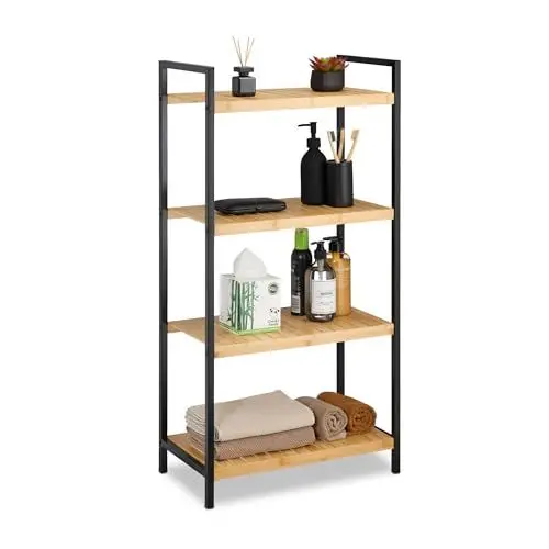 Produktbild: Relaxdays Regal Bambus, universales Standregal, Bad und Küche, 4 Ablagen, Metall-Rahmen, HxBxT: 97 x 50,5 x 27 cm, Natur