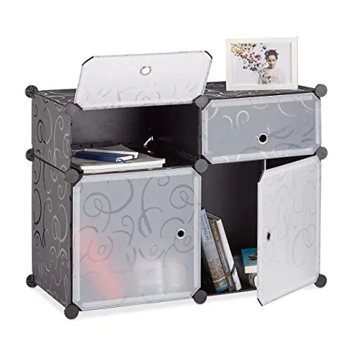 Produktbild: Relaxdays Regalsystem 4 Fächer, Standregal Kunststoff, Steckregal mit Türen, Badregal, HxBxT: 56 x 75 x 37 cm, schwarz