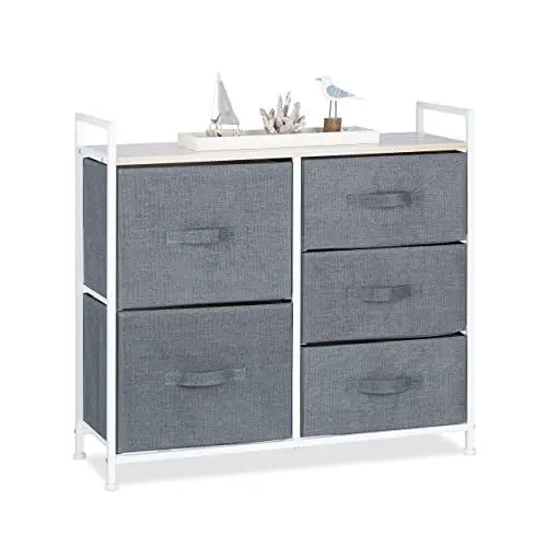 Produktbild: Relaxdays Regalsystem, 5 Stoff-Schubladen, HxBxT: 77,5 x 83 x 29 cm, universale Schubladenbox, Metall und Holz, grau, Design: F