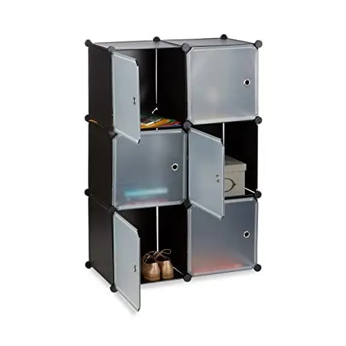 Produktbild: Relaxdays Regalsystem m. 6 Türen, DIY, Cubes, Grifföffnungen, Raumteiler, Badregal, Kunststoff, HBT 105x70x35cm, schwarz