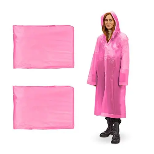 Produktbild: Relaxdays Regenmantel 2er Set, mit Kapuze, Regenponcho wiederverwendbar, Damen & Herren, wasserdicht, lang, leicht, pink