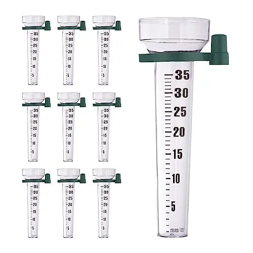 Produktbild: Relaxdays Regenmesser 10er Set, mit Halterung, Niederschlagsmesser Garten, Skala 35 mm/m², Kunststoff, transparent/grün