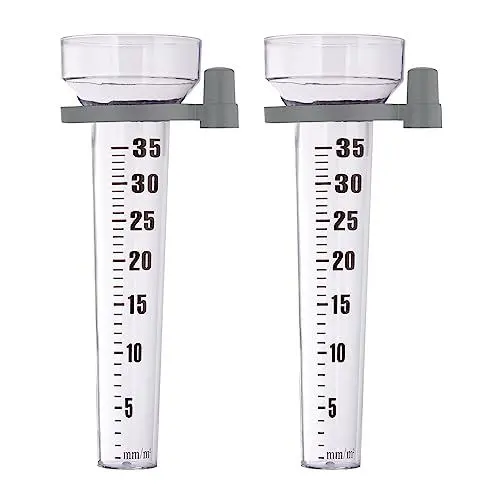 Produktbild: Relaxdays Regenmesser 2er Set, mit Halterung, Niederschlagsmesser Garten, Skala 35 mm/m², Kunststoff, transparent/grau