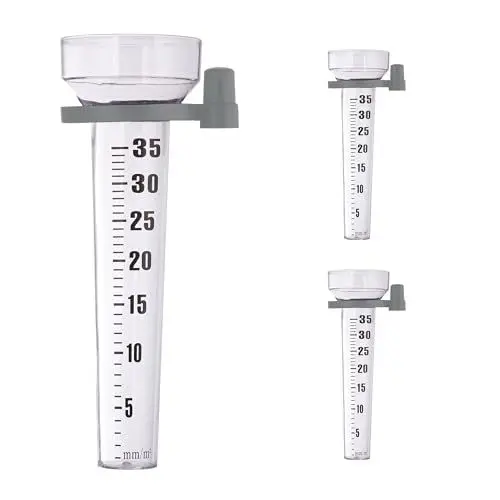 Produktbild: Relaxdays Regenmesser 3er Set, mit Halterung, Niederschlagsmesser Garten, Skala 35 mm/m², Kunststoff, transparent/grau
