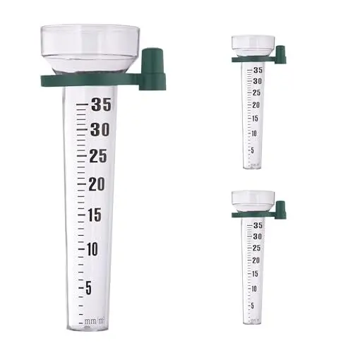 Produktbild: Relaxdays Regenmesser 3er Set, mit Halterung, Niederschlagsmesser Garten, Skala 35 mm/m², Kunststoff, transparent/grün