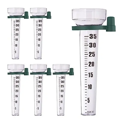 Produktbild: Relaxdays Regenmesser 6er Set, mit Halterung, Niederschlagsmesser Garten, Skala 35 mm/m², Kunststoff, transparent/grün