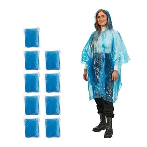 Produktbild: Relaxdays Regenponcho Einweg, 10er Set, Einmal Regencape mit Kapuze, für Erwachsene, Notfallponcho Damen & Herren, blau Einheitsgröße