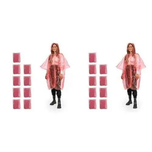 Produktbild: Relaxdays Regenponcho Einweg, 10er Set, Einmal Regencape mit Kapuze, für Erwachsene, Notfallponcho Damen & Herren, rot (Packung mit 2)