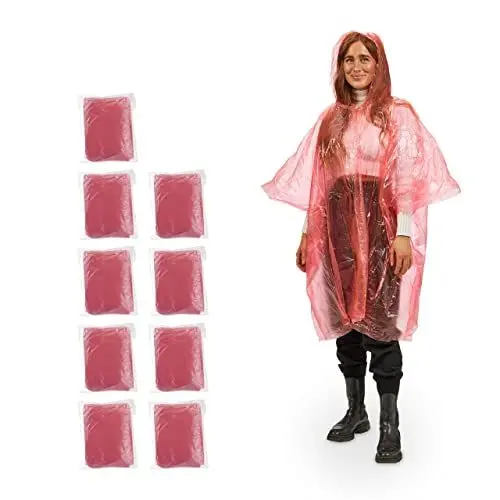 Produktbild: Relaxdays Regenponcho Einweg, 10er Set, Einmal Regencape mit Kapuze, für Erwachsene, Notfallponcho Damen & Herren, rot, 100% Kunststoff