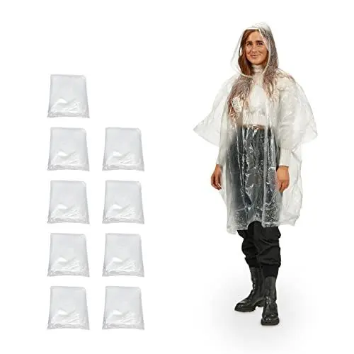 Produktbild: Relaxdays Regenponcho Einweg, 10er Set, Einmalregencape mit Kapuze, Erwachsene, Notfallponcho Damen, Herren, transparent, Einheitsgröße