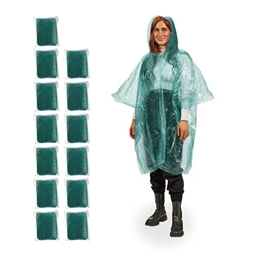 Produktbild: Relaxdays, Farbwahl Regenponcho Einweg, 13er Set, Einmal Regencape mit Kapuze, Erwachsene, Notfallponcho Damen, Herren, grün