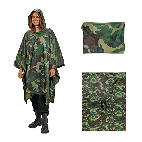 Produktbild: Relaxdays Regenponcho Mehrzweck 3 in 1 Tarn, Zelt Poncho, mit Kapuze, wasserdicht, Regencape Damen & Herren, grün/braun