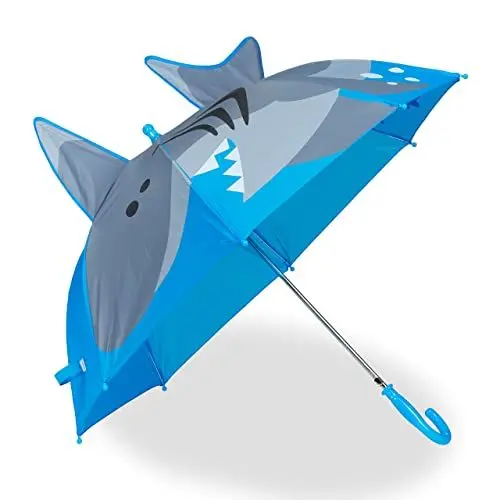 Produktbild: Relaxdays Regenschirm Kinder, 3D Motiv Hai, Kinderregenschirm Junge & Mädchen, Ø 78 cm, Kleiner Stockschirm, blau/grau