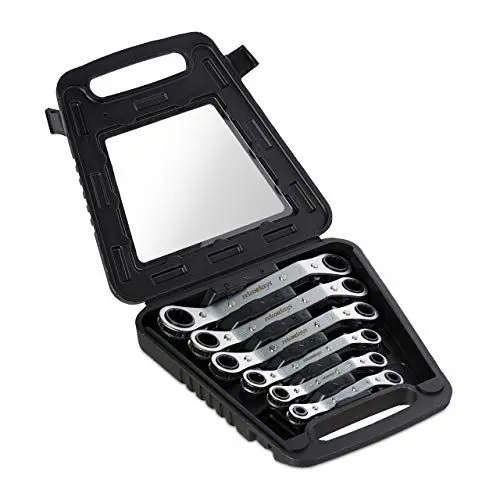 Produktbild: Relaxdays Ringratschenschlüssel Set 6-teilig, 6-15, 17 & 19 mm, im Koffer, umschaltbare Ratsche, Ringschlüssel, silber
