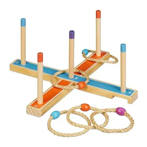 Produktbild: Relaxdays Ringwurfspiel, Holzwurfspiel für Kinder & Erwachsene, mit 5 Ringen, drinnen und draußen, Gartenspiel, bunt, 1 Stück