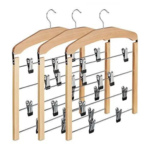 Produktbild: Relaxdays Rockbügel 3er Set, Hosenbügel Holz, 360° drehbarer Haken, Kleiderbügel rutschfest, HBT: 45,5x39x2,5 cm, Natur, Pack, 3-Einheiten