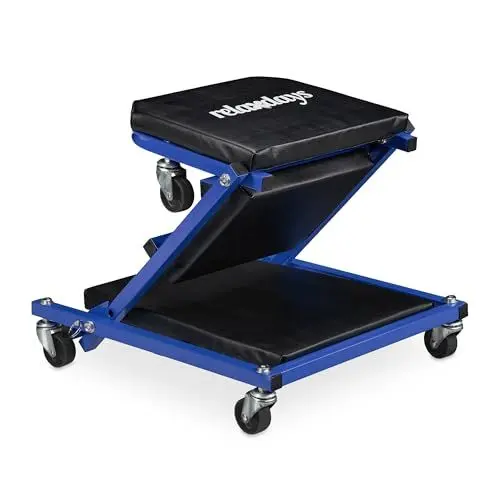 Produktbild: Relaxdays Rollbrett Werkstatt, 150 kg, 2in1 Rollsitz & Werkstattliege, klappbar, 360°drehbar, Auto, Stahl, schwarz/blau