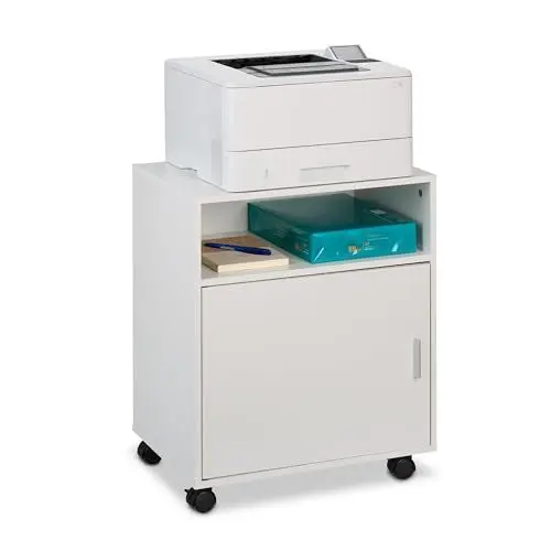 Produktbild: Relaxdays Rollcontainer mit 3 Fächern & Tür, Büro Beistellcontainer, mit Rollen, Büroschrank, HBT: 57x48x34 cm, weiß