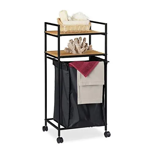 Produktbild: Relaxdays Rollregal Bad, 2 Ablagen, Badregal mit Wäschekorb, Metall, Bambus, HBT: 89,5 x 39 x 32,5 cm, schwarz/natur