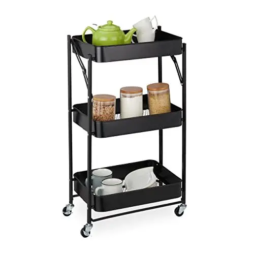 Produktbild: Relaxdays Rollwagen, 3 Ebenen, HxBxT: 77,5 x 45,5 x 29,5 cm, klappbar, 2 Bremsen, 4 Haken, Küchenwagen, Metall, schwarz