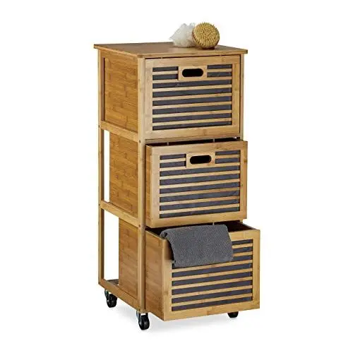 Produktbild: Relaxdays Rollwagen mit Schubladen aus Bambus mit 3 Fächern HBT: 92 x 41 x 41 cm Nützliches Badregal mit Schubkasten mit Rollen als Wäschebox und Schubladenschrank für Badutensilien, natur