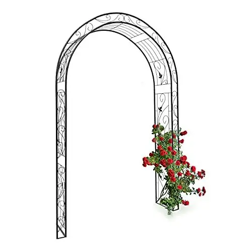Produktbild: Relaxdays Rosenbogen Blatt mit Verzierung HBT 226 x 144 x 36,5 cm Rankhilfe und Torbogen als Kletterhilfe für Kletterrosen aus Eisen mit 6 Heringen stabiles Rankgitter und Rosenspalier, schwarz